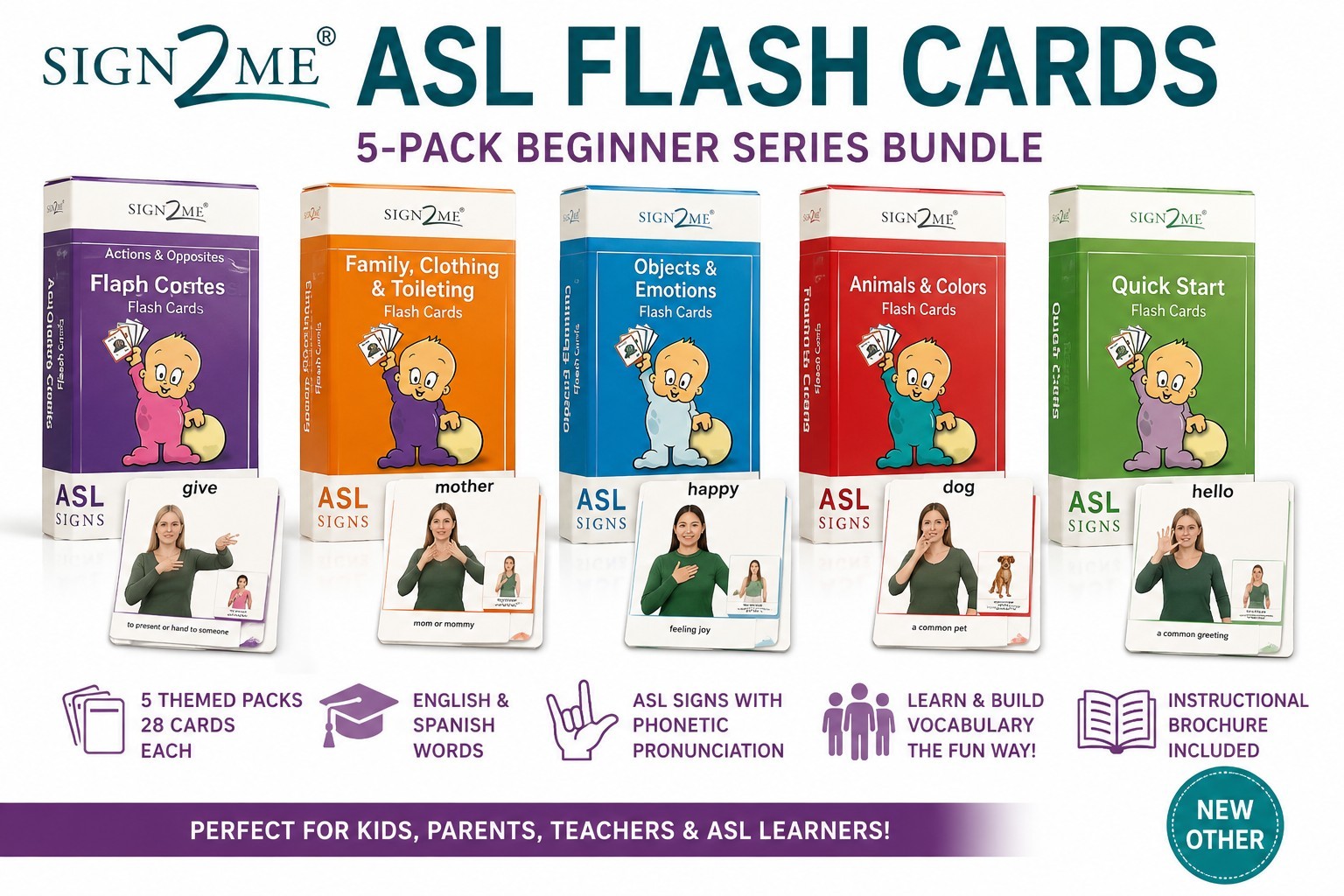 Lot Of 5 Sign2Me – ASL Flashcards Beginners Series English/Spanish Full Set NOS