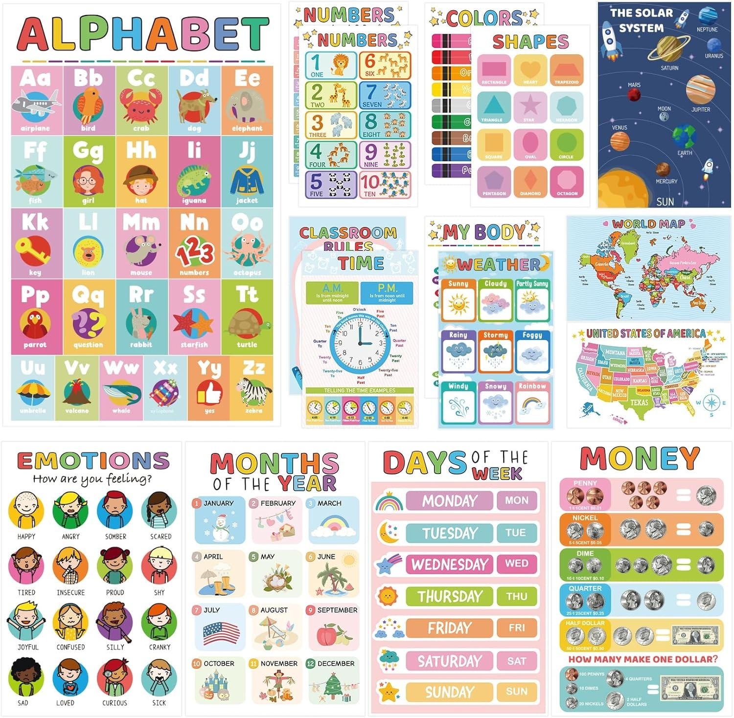 Essential 16 Educational Posters for Preschool Homeschool – Waterproof & Durable