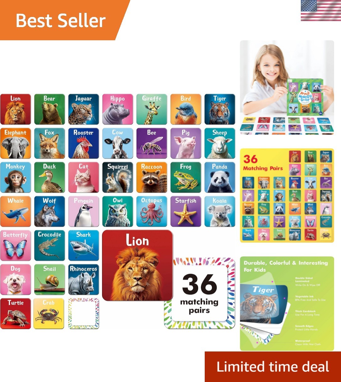 72 PCS Memory Matching Game, Real Animal Matching Cards for Toddlers 36 Pairs…