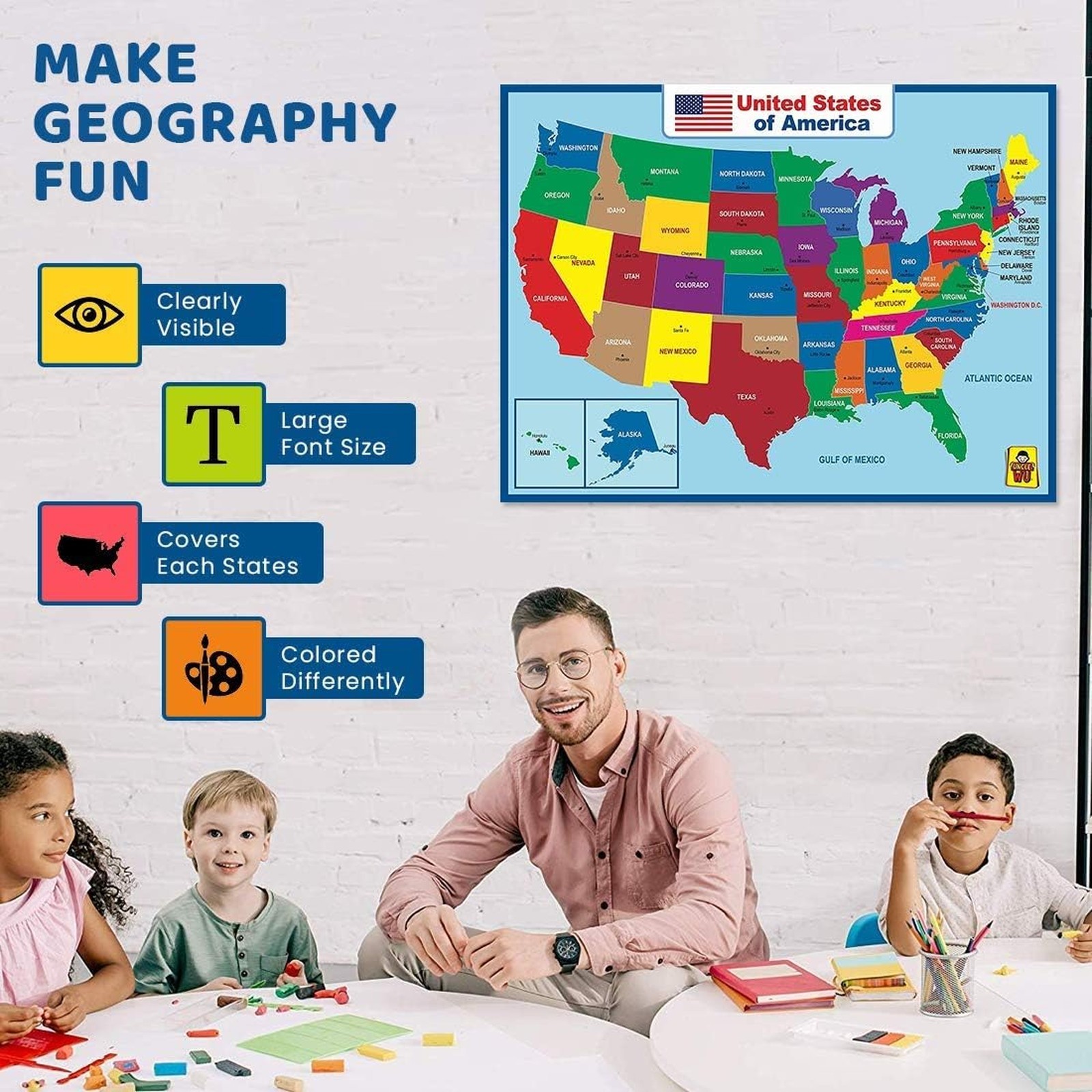 United States Map Educational Poster Dry Erase Laminated 17×23 Inch Waterproof