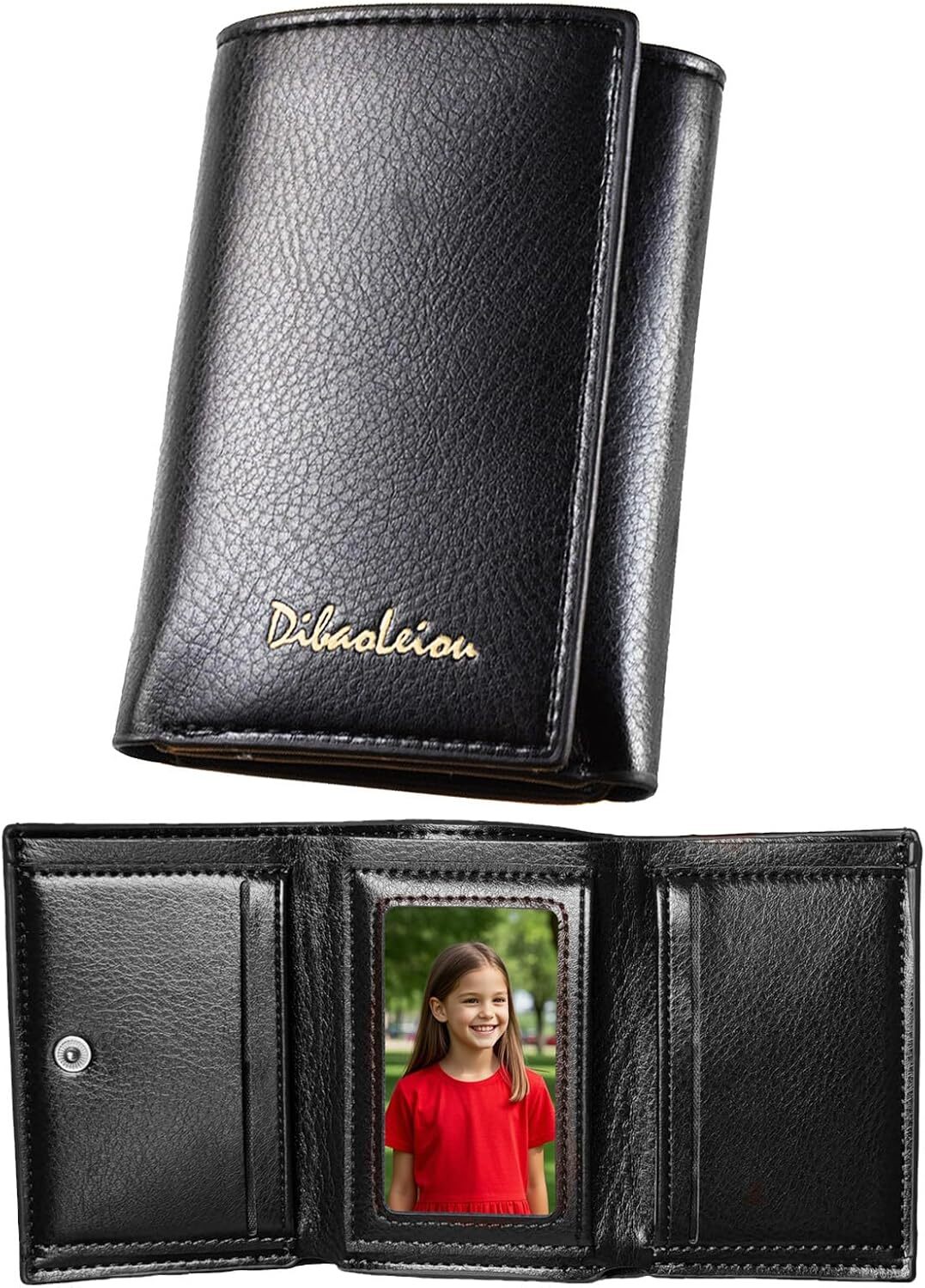 Trifold Wallet Men Women Soft Leather 4 Card Holder 2 Money Pockets with Photo