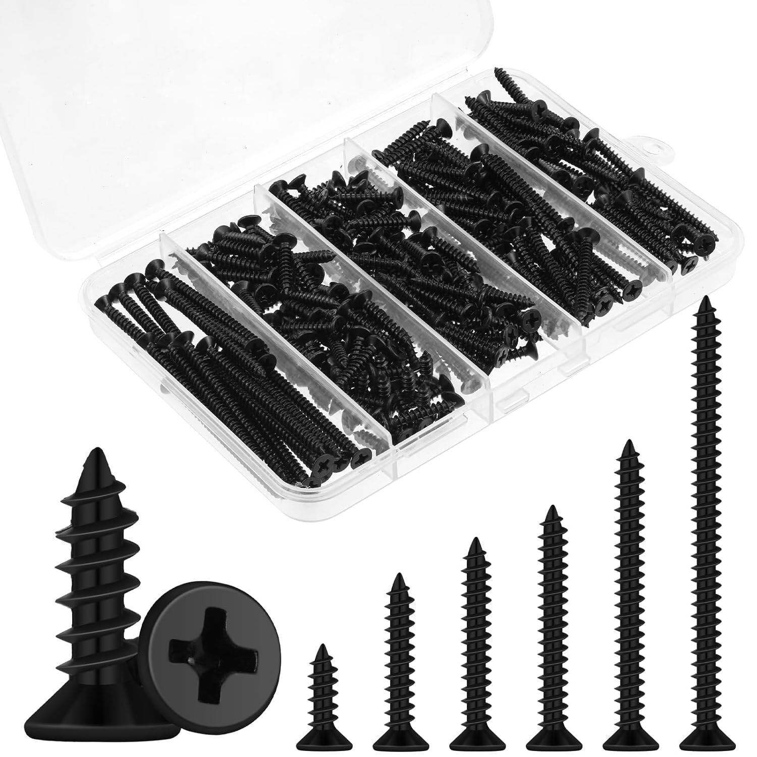 150PCS Black Wood Screws #6 Screws Assortment Kit 2”, 1-1/2”, 1-1/4”, 1”, 3/4”,