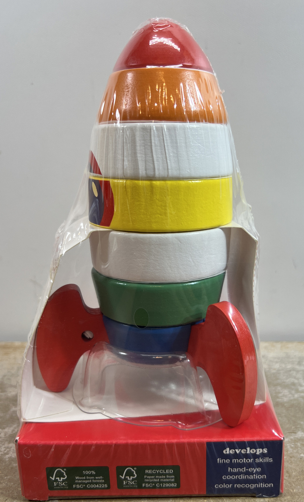 Wooden Stacking Rings Spaceship Toy for 12mos+, Wood Sensory Tower
