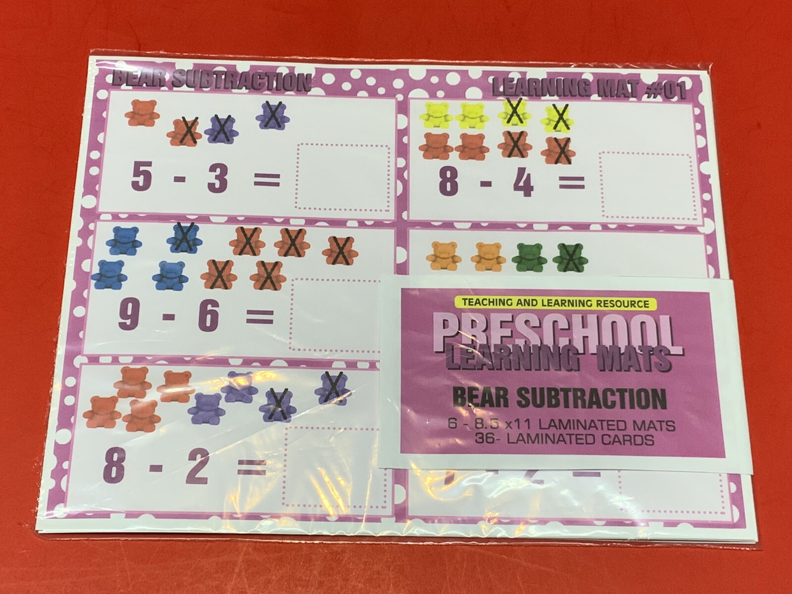 Bear Counter Subtraction – Set of 6 Learning Mats / Cards – Laminated Activity