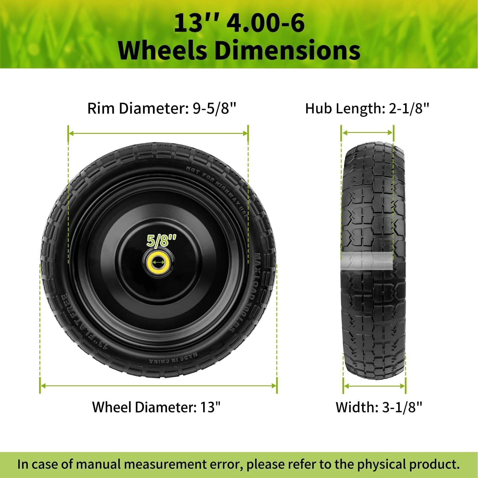13 Inch Wheelbarrow Wheels, 4.00-6 Solid Flat Free Tires with 5/8″ Axle Bore …