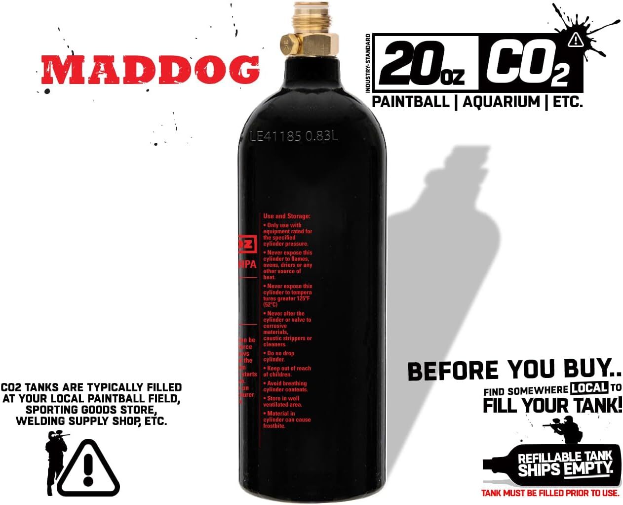 Maddog 20 Oz Refillable Aluminum CO2 Paintball Tank – Ships Empty – 5 Pack