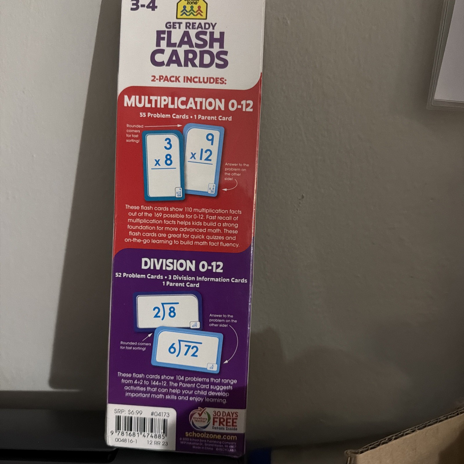 School Zone Get Ready Flash Cards Multiplication/Division 0-12 Grades 3-4 NEW