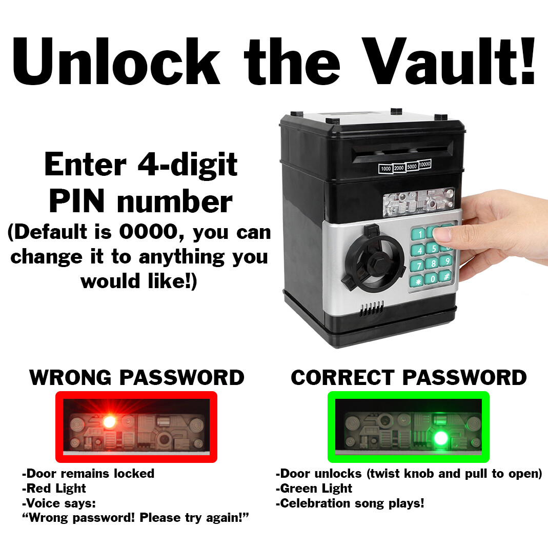 Cash Vault for Kids – Password Protect Your Bills and Coins – Musical Bank Safe