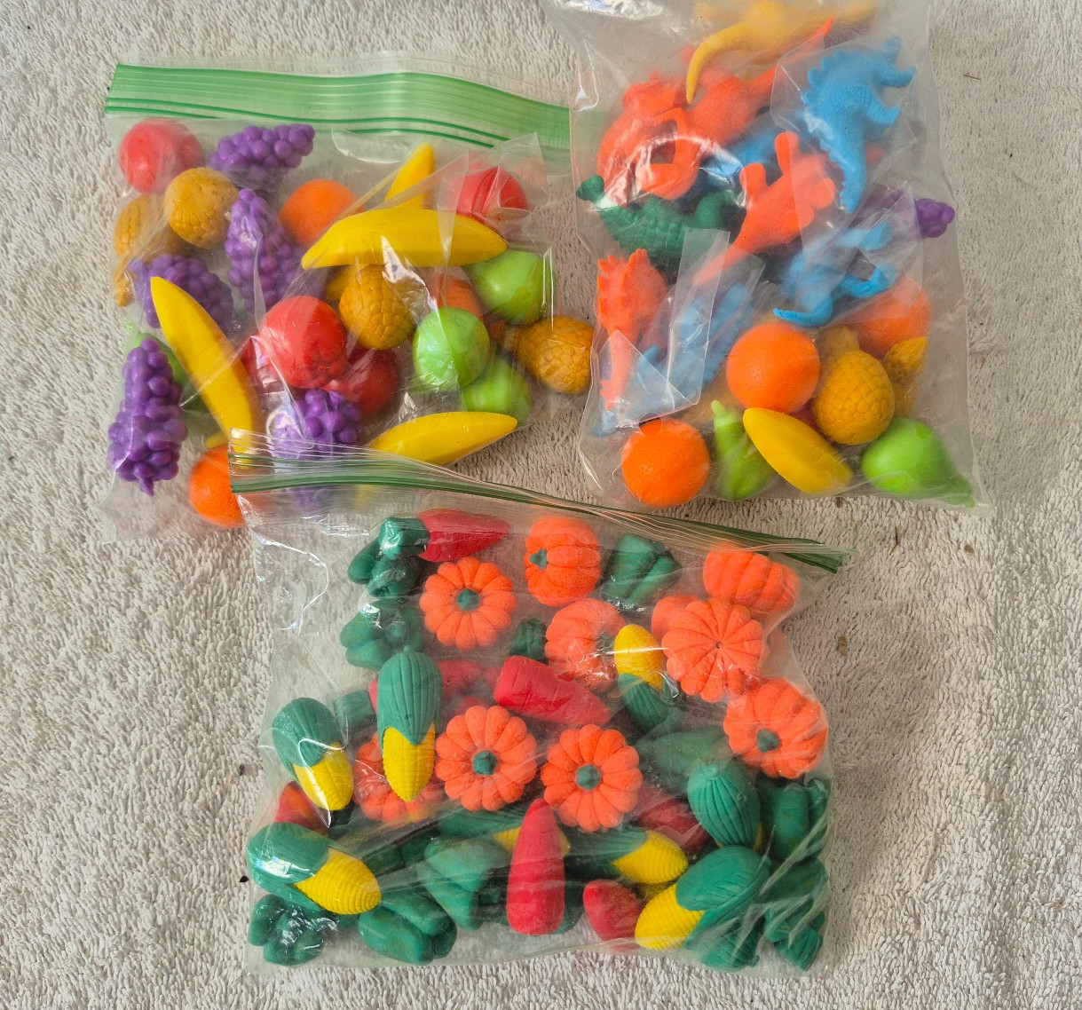 Lot of Hard Rubber Food Mini Fruits Veggies Dinos Manipulatives Counters Color