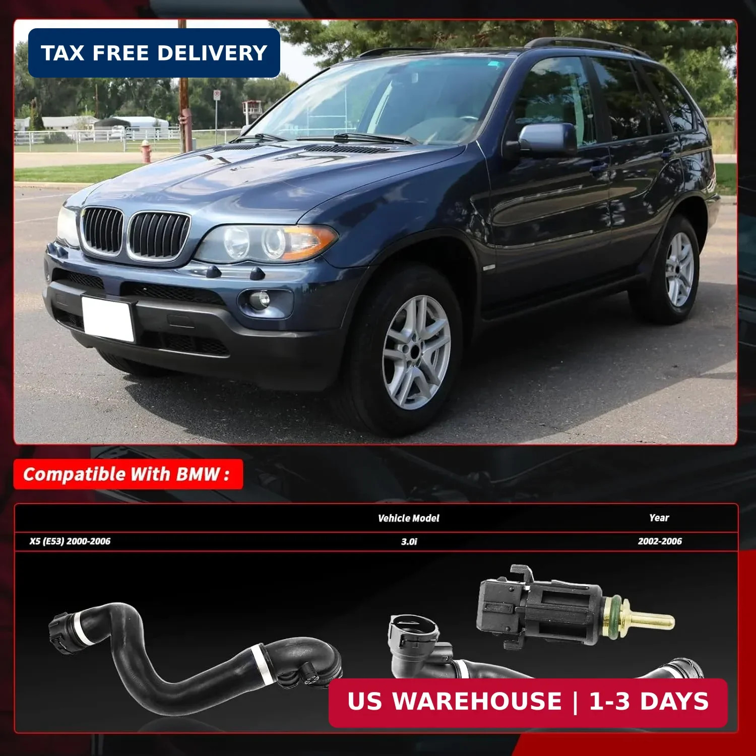 11537500733 Upper Radiator Coolant Hose Pipes 3-piece set Compatible with BMW X5