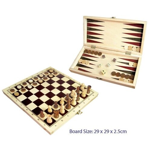 CHESS Checkers & Backgammon WOODEN FOLD-UP Box Educational Travel Game KIDS SET