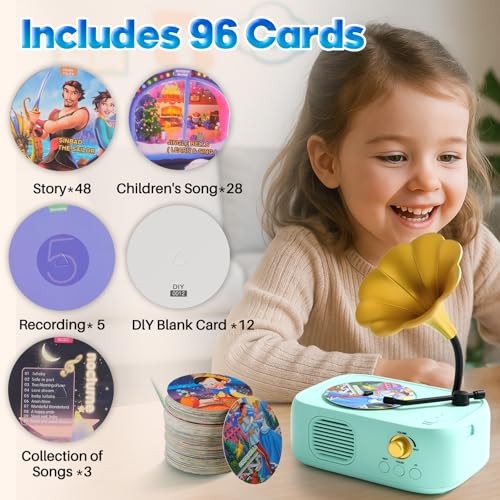 Kids Phonograph Toddler Record Player， with 96 Learning Cards, Early Blue
