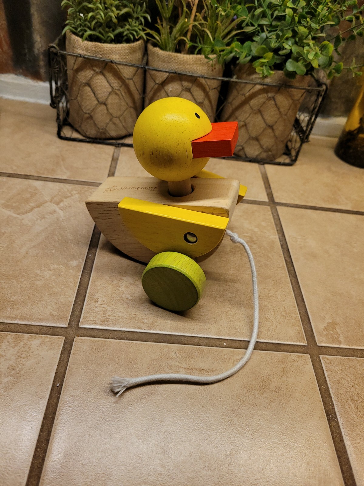 2009 Everearth Pull Along YELLOW DUCK RARE wooden Toddler/Baby Toy Ever Earth~