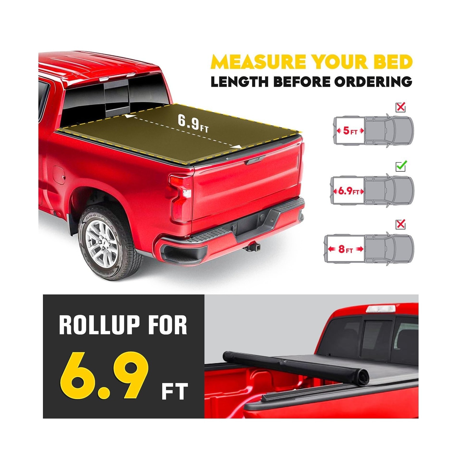 Soft Roll Up Tonneau Cover – Fit Chevy/GMC 2500/3500HD 20-25 – 6.9ft Bed