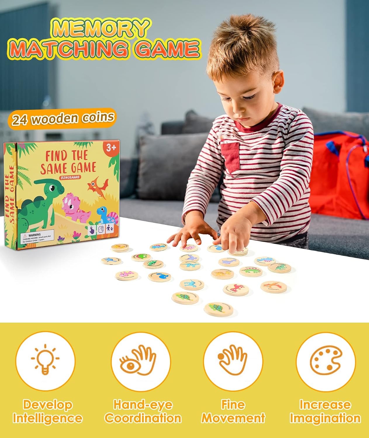 Wooden Match Memory Game for Kids 24 Pc Matching Cards Dinosaur Theme