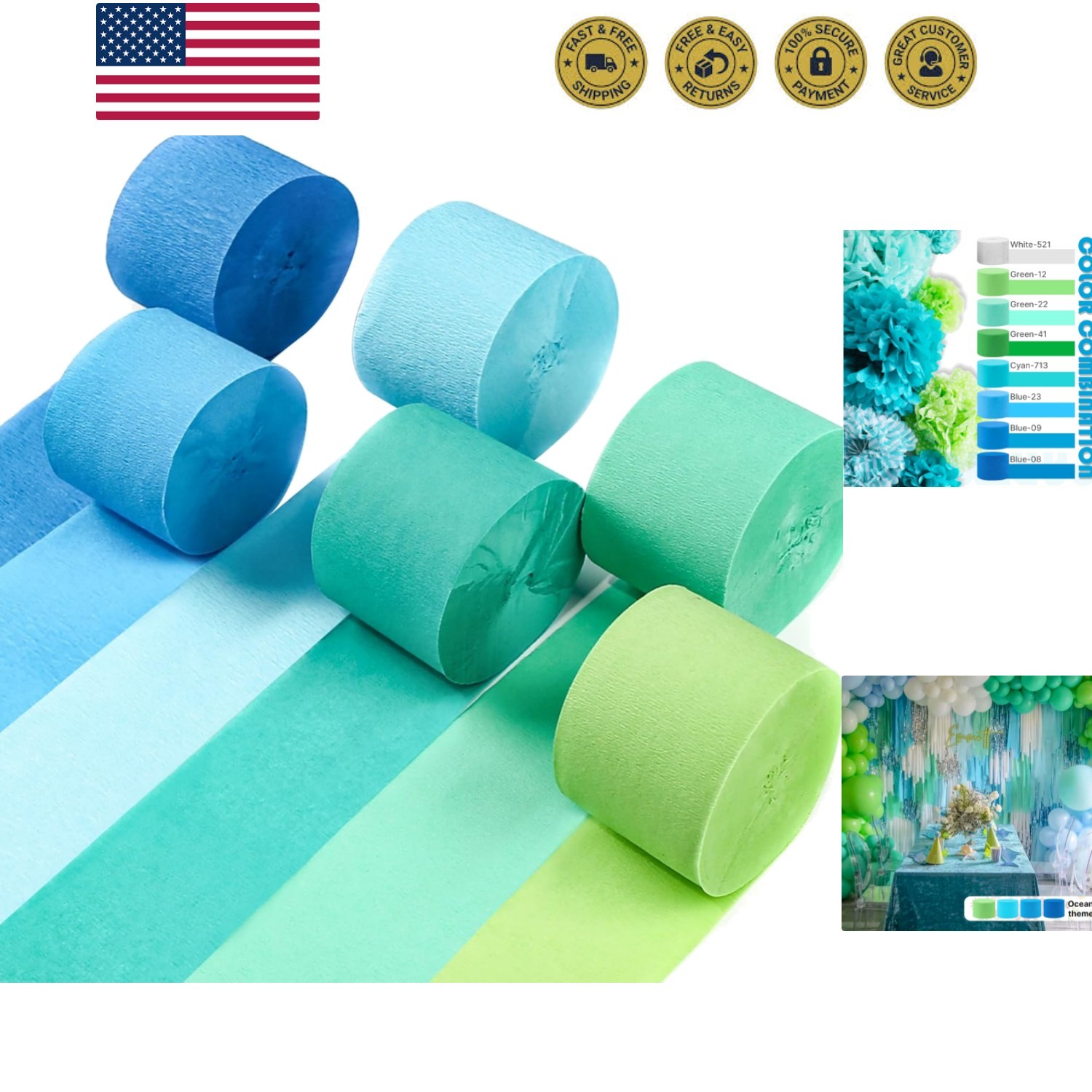 Crepe Paper Streamers 6 Rolls 492 ft Pack of Blue Pastel Blue Green and Lime …