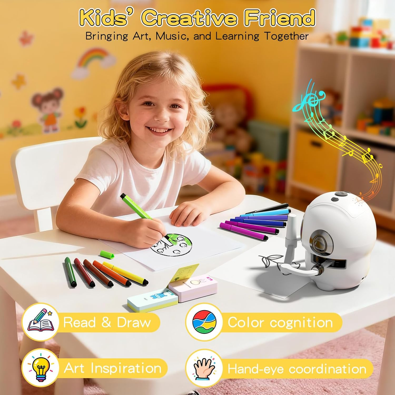 Drawing Robot for Kids, Interactive Educational Toy with 150 Cards, 12 Color Mar