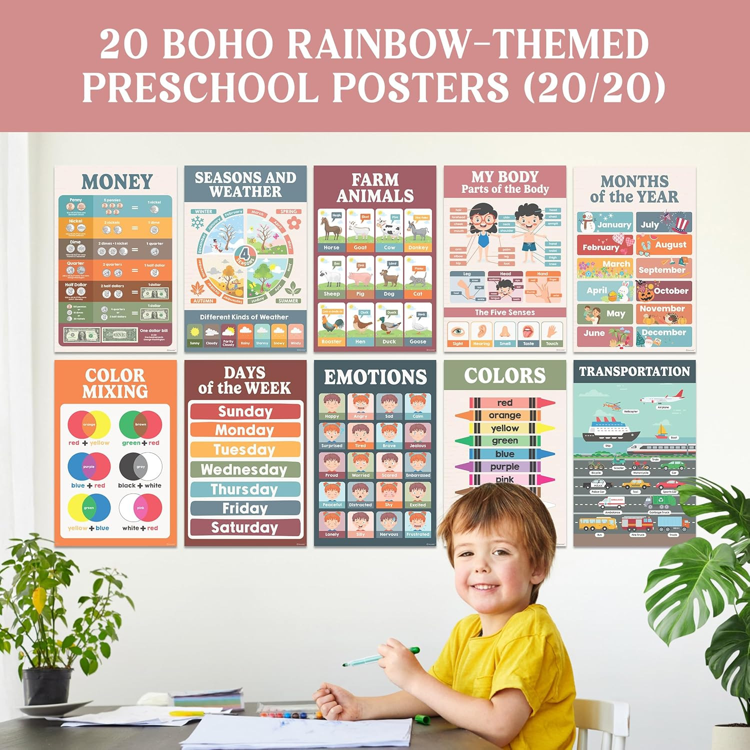 20 Boho Learning Posters for Kids Ages 3-5, 11X17In Educational Matte-Laminated