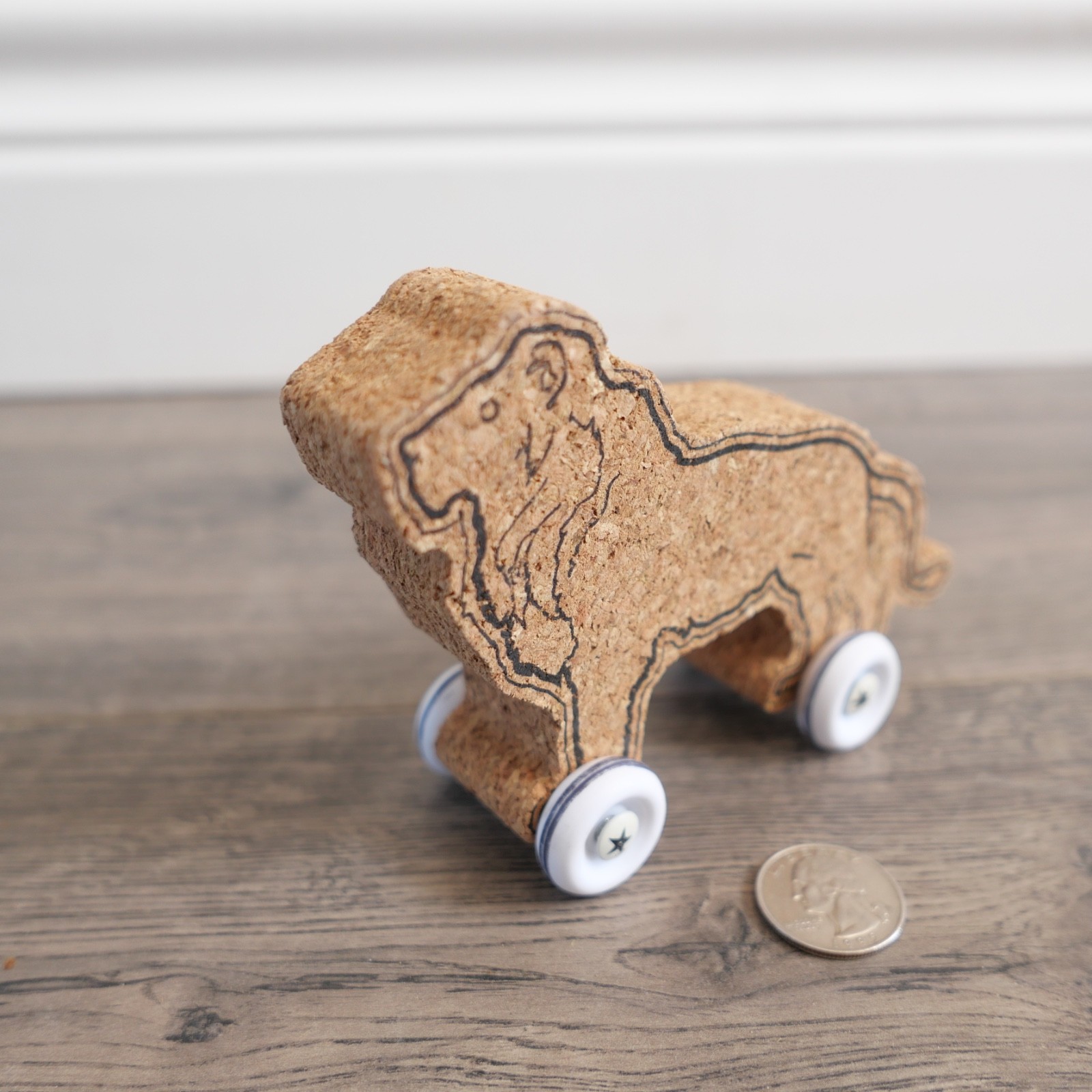 Natural Cork Lion Figure with Wheels Sensory Toy !!!