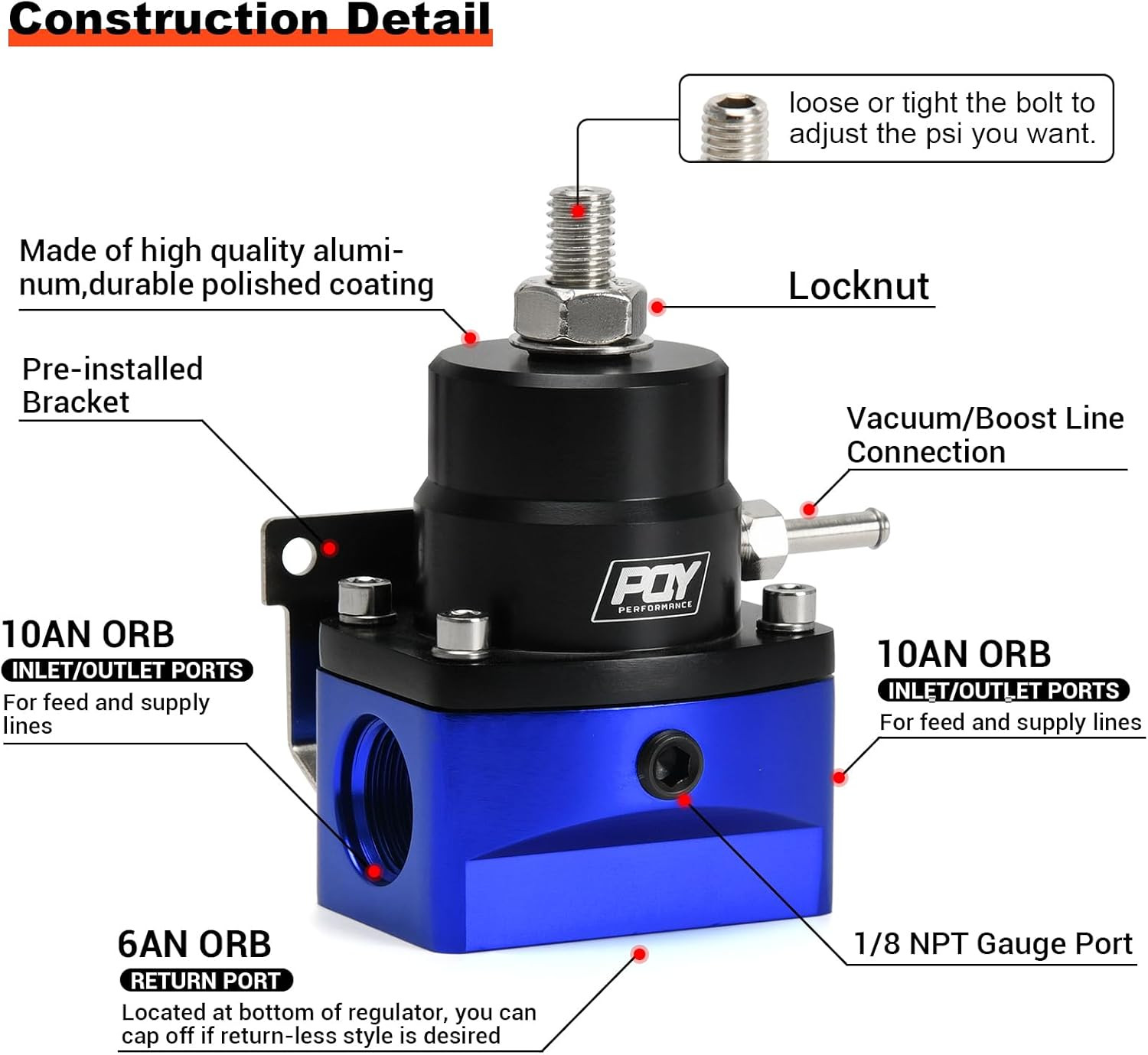 Adjustable Fuel Pressure Regulator Kit 3-110PSI with AN10 Feed Port and AN6 Retu