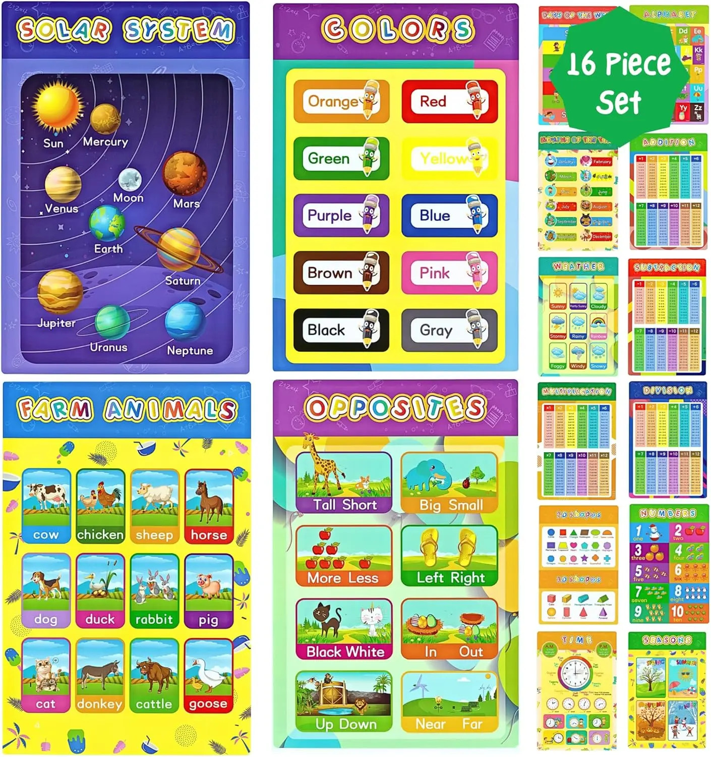 16 Educational Posters for Kids 1-3 Laminated Learning ABC Chart Numbers Colors