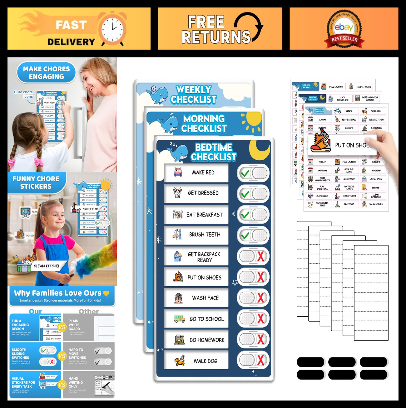 3-in-1 Kids Routine Chart – Magnetic Bedtime, Morning & Weekly Schedule with 99