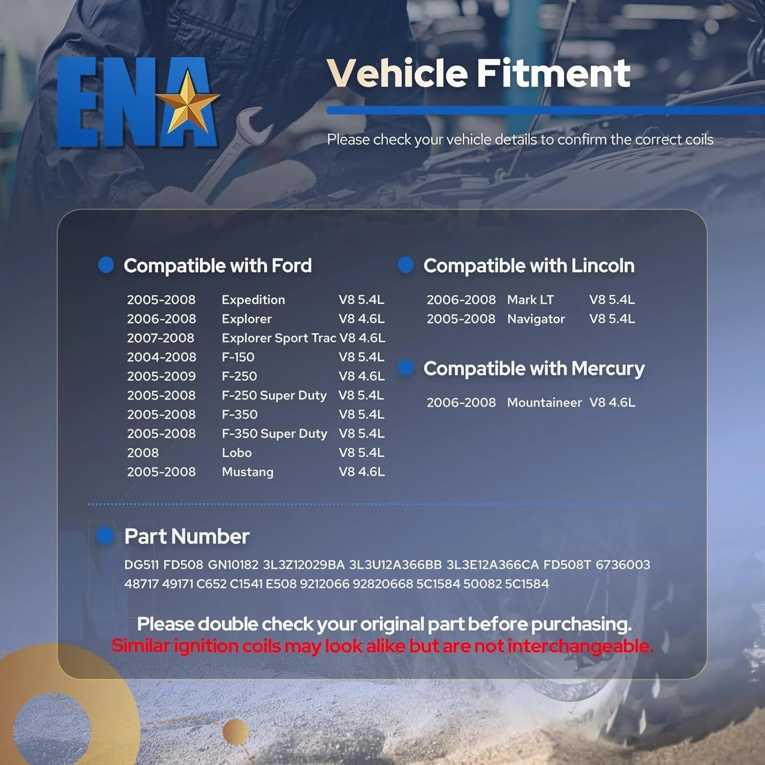 ENA Set of 8 Straight Boot Ignition Coil Pack Compatible with Ford Lincoln