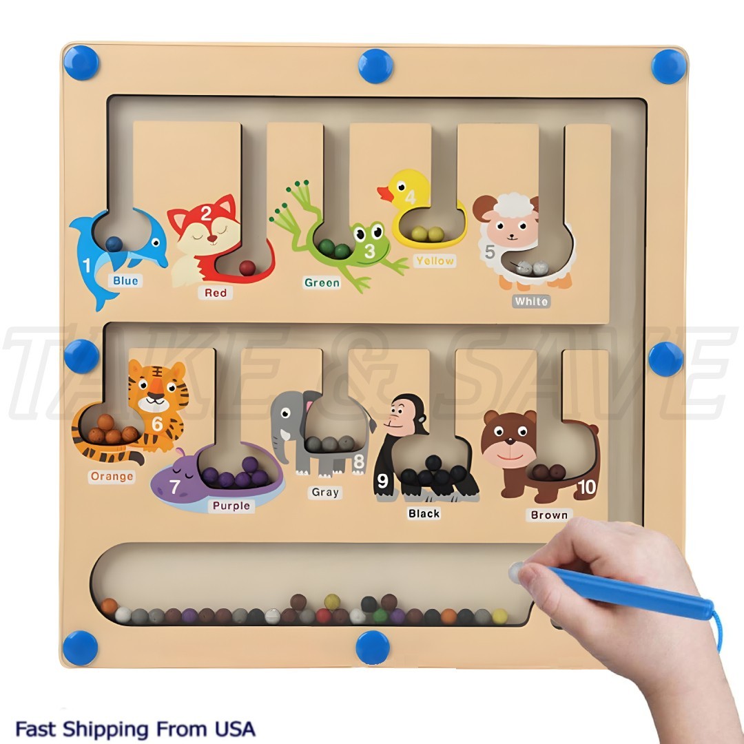 Magnetic Color and Number Maze, Montessori Wooden Toddler Magnet Puzzle Game