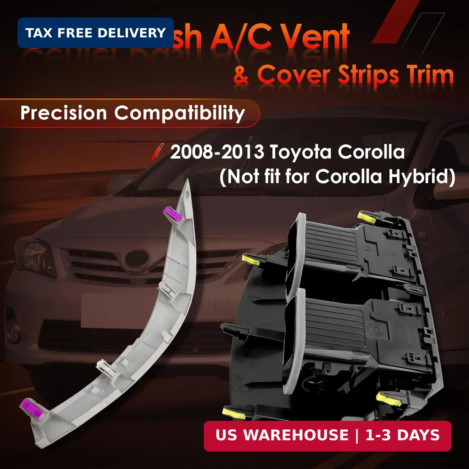 Center A/C Dash Air Vent, Compatible with 2008-2013 Corolla, w/Cover Strips Trim