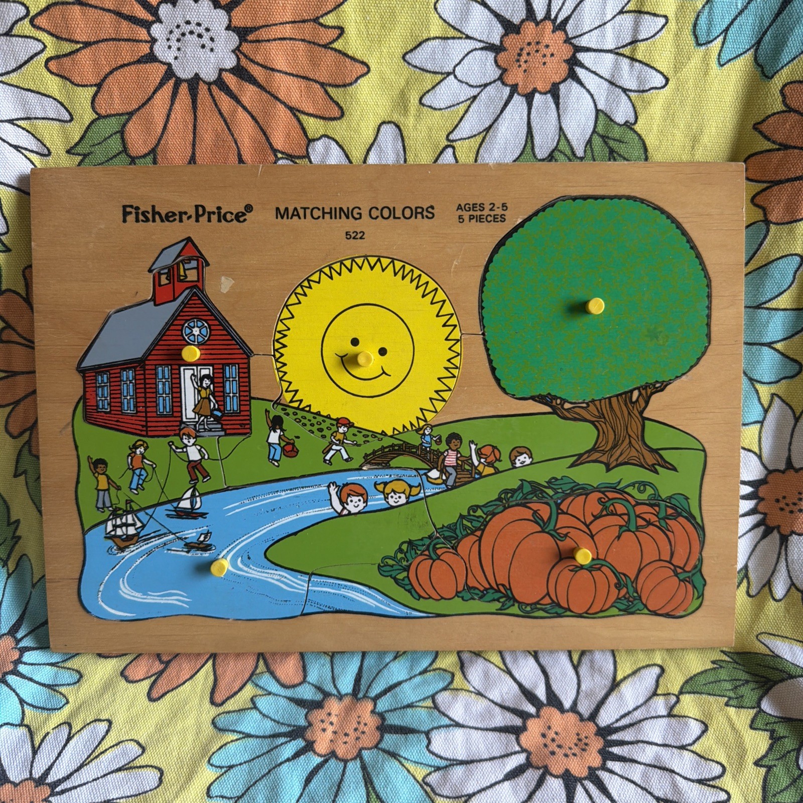 Fisher Price Vintage Wood Knob Puzzle Matching Colors 5 pc Hidden Scenes 1976