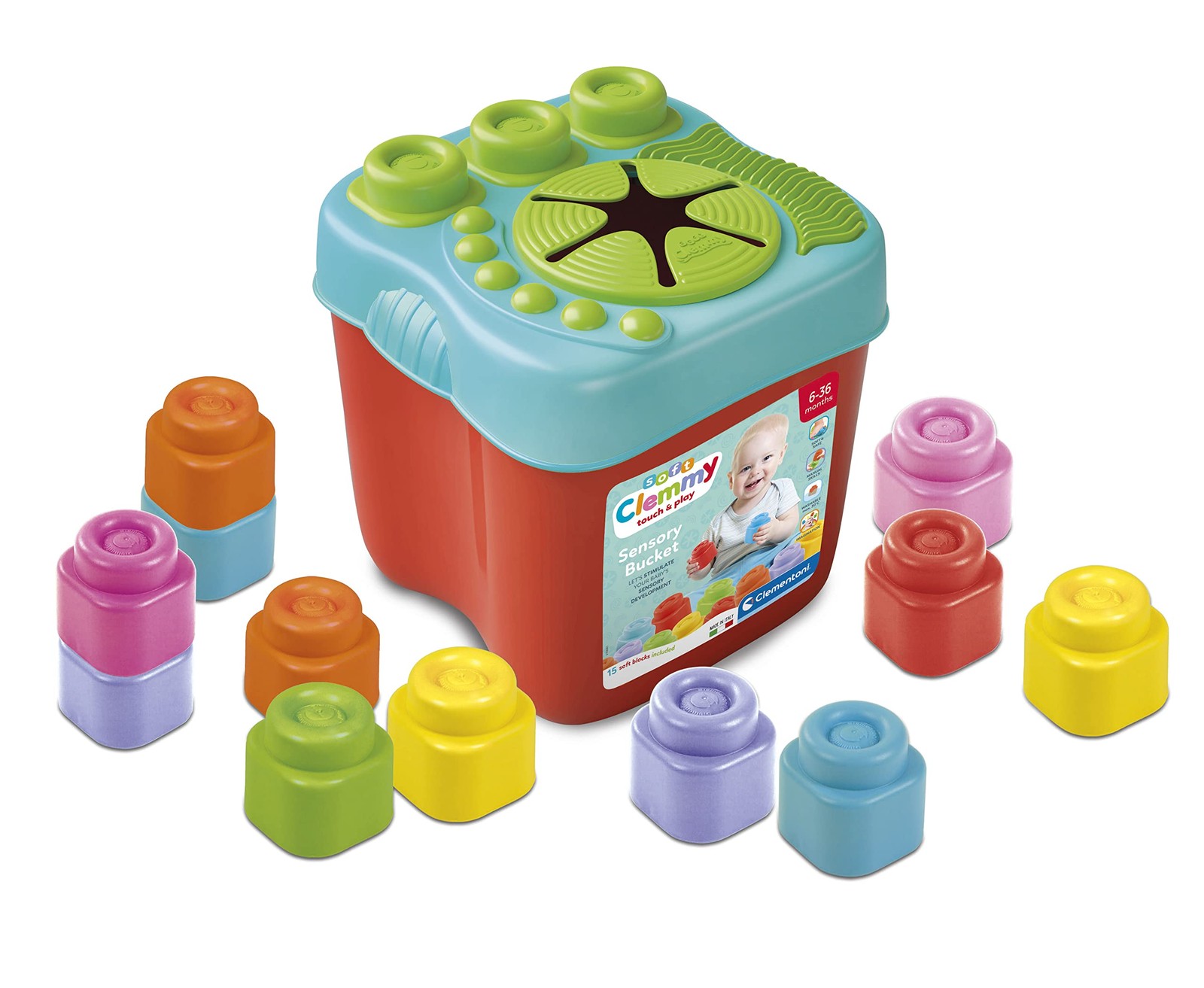 Clementoni 17807 Sensory Bucket, Clemmy Soft Blocks for 6 Months, Building Brick