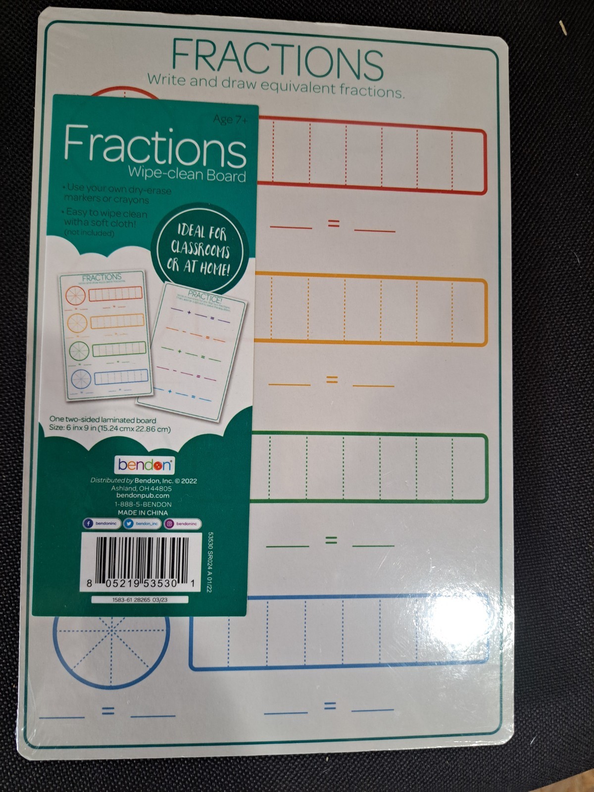 Bendon fractions dry erase board, Wipe Clean, 6in.x 9inch. Double Sided- NEW