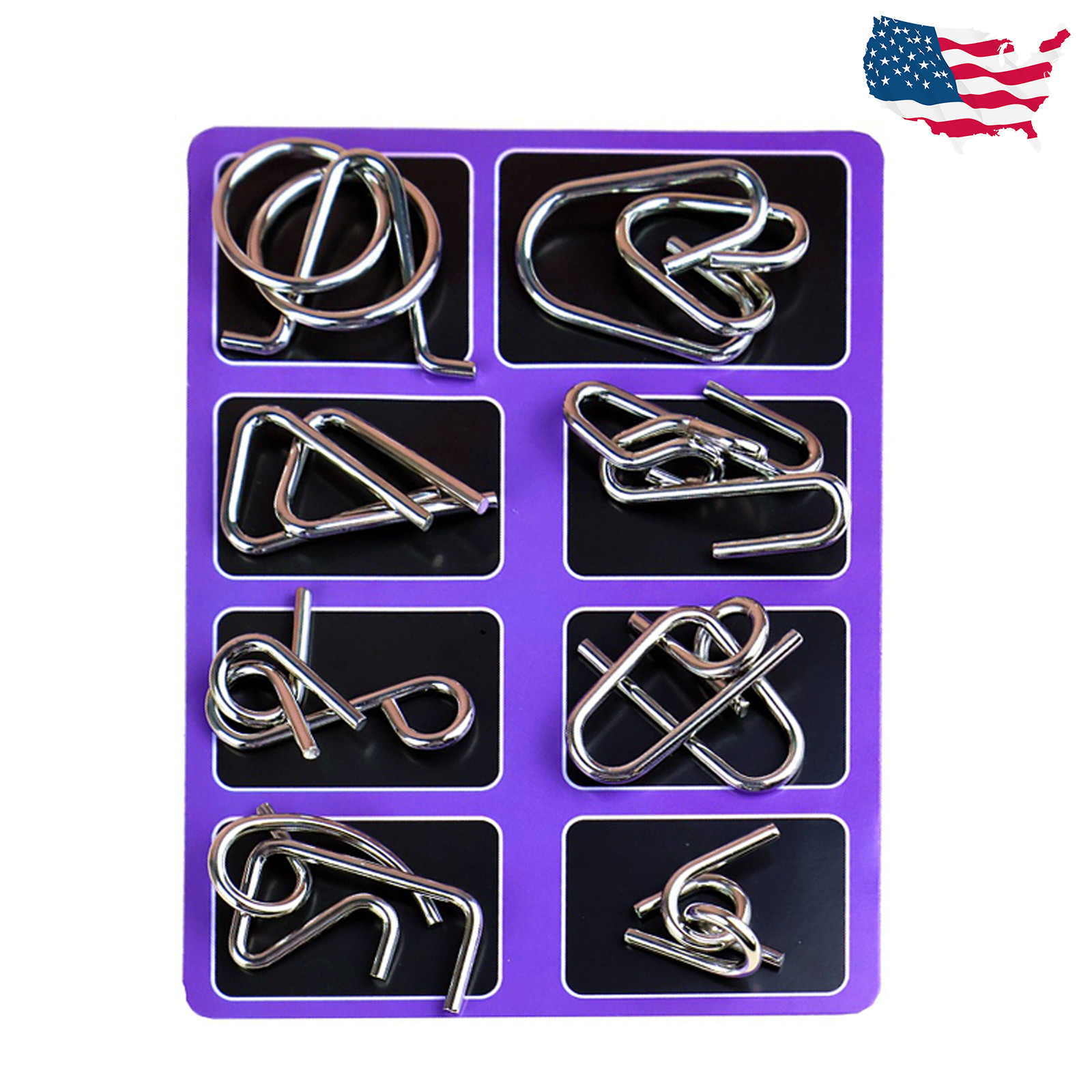 8PCS Brain Teaser Metal Wire Puzzle Set Purple Kids Adults Gift Toy