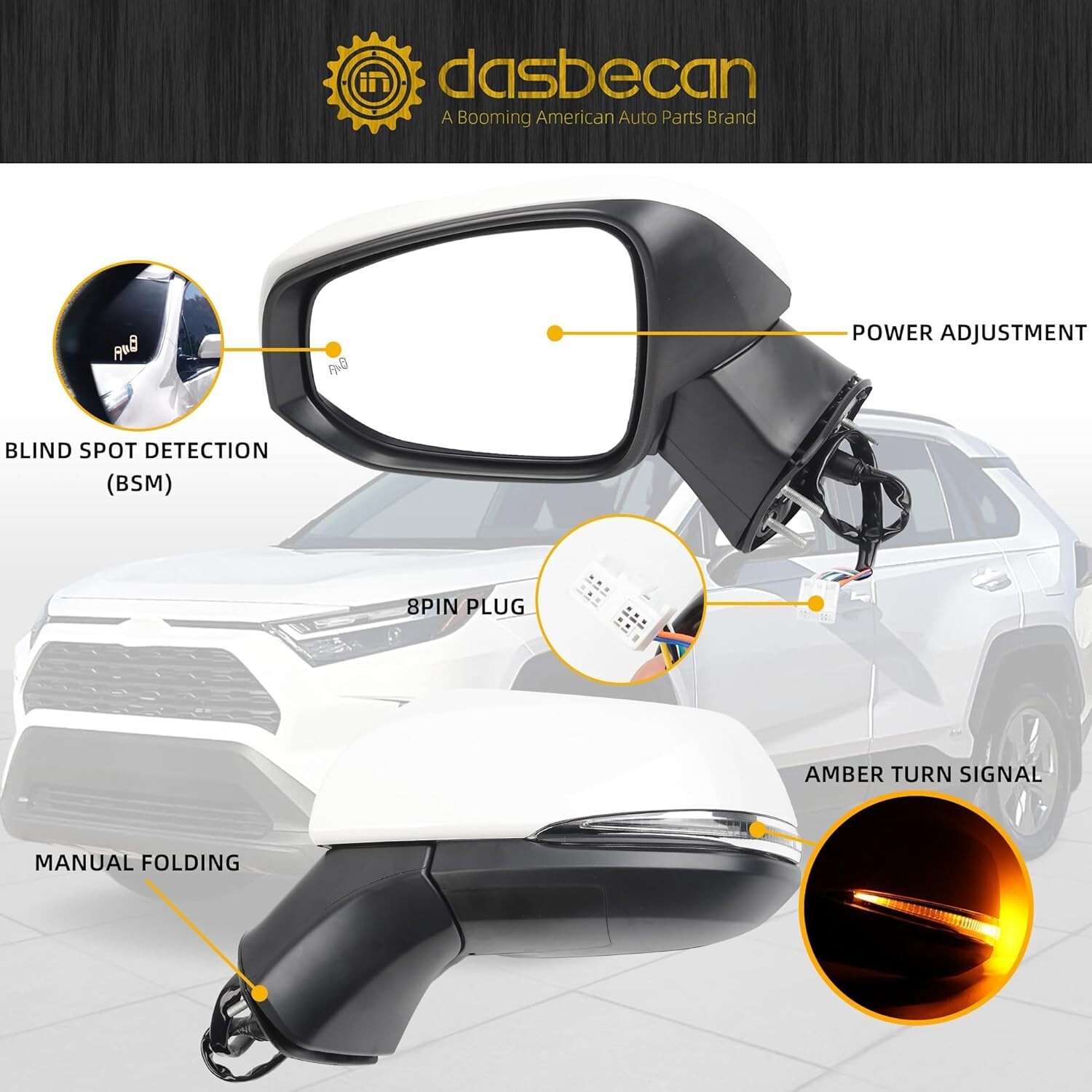 8Pins Left Side Mirror Compatible with 2019-2024 Toyota Rav4 Driver Side View wi