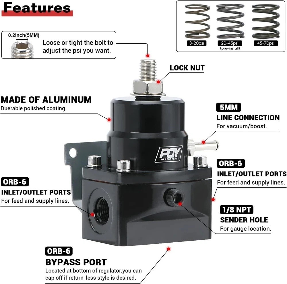 Adjustable Fuel Pressure Regulator Kit 3-70PSI With 6AN Return and 6AN feed Port