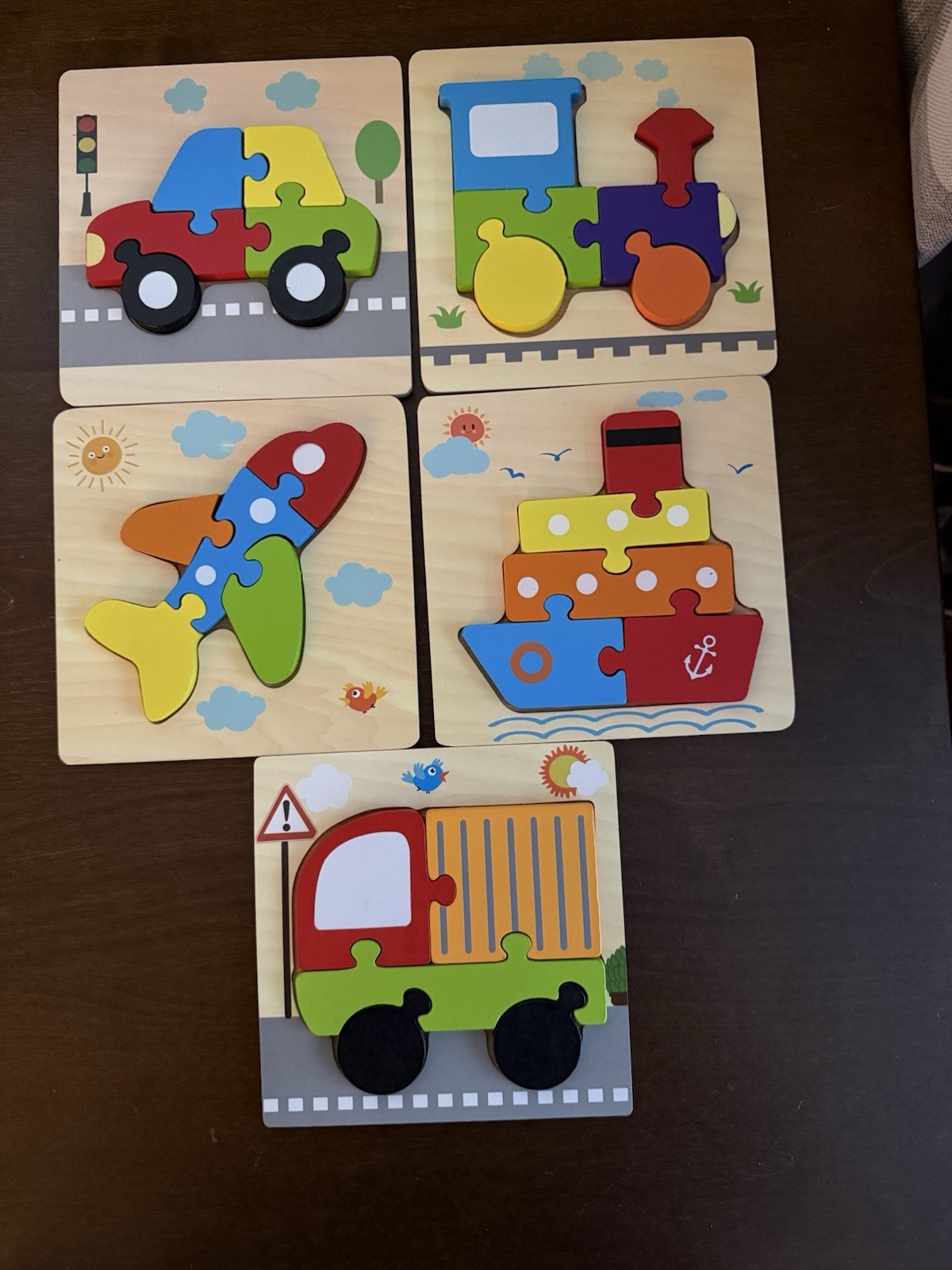 Skyfield Wooden Preschool Puzzle Set (5) Train Car Ship Truck Plane 6” Cloth Bag