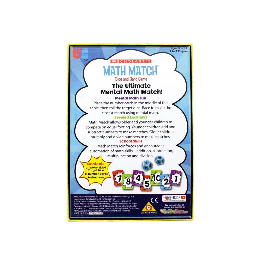Scholastic Math Match Dice and Card Game Educational Fun for Kids Ages 5 to 12