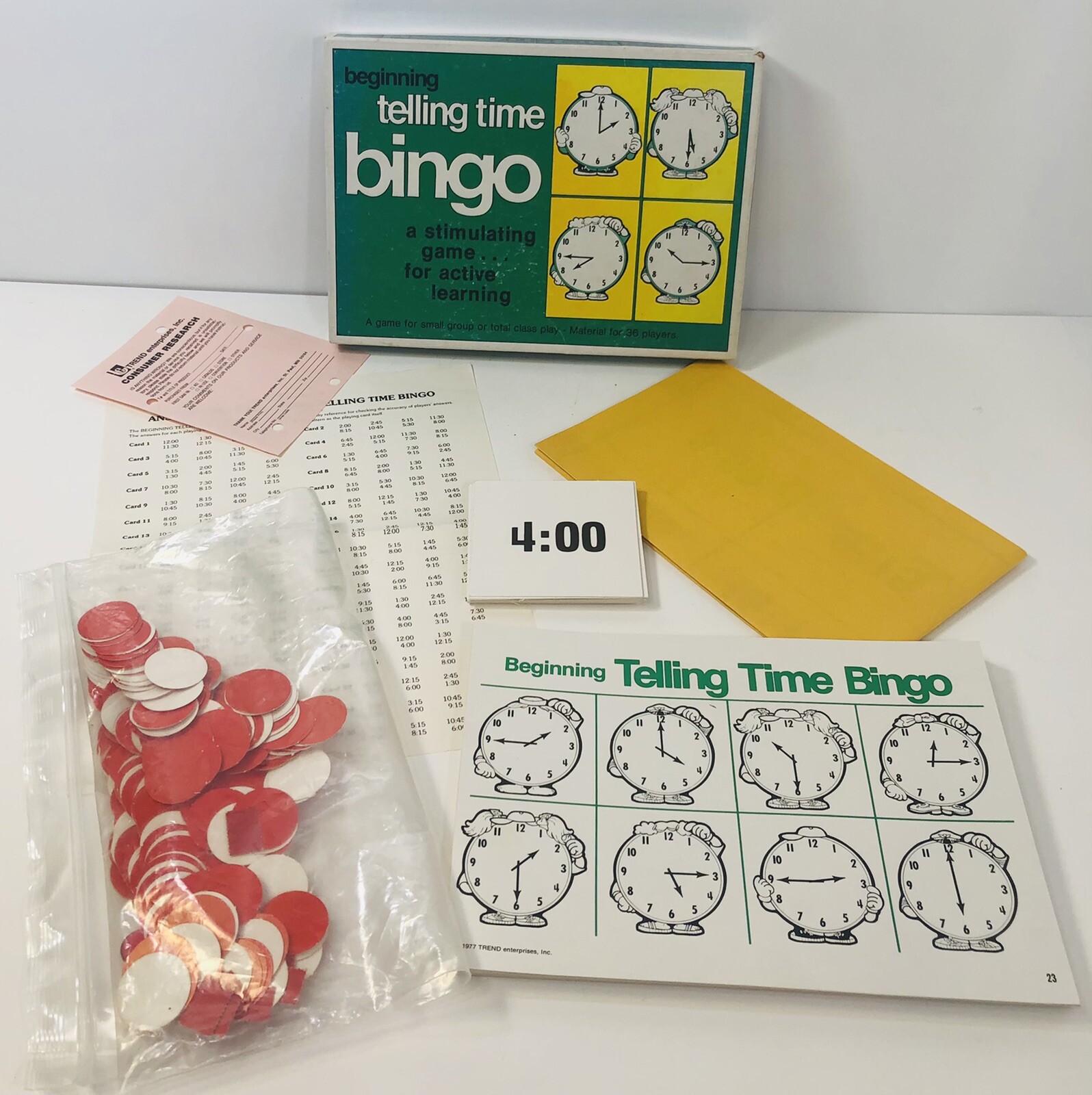 Vintage Trend Beginning Telling Time Bingo Complete – Active Learning -1977
