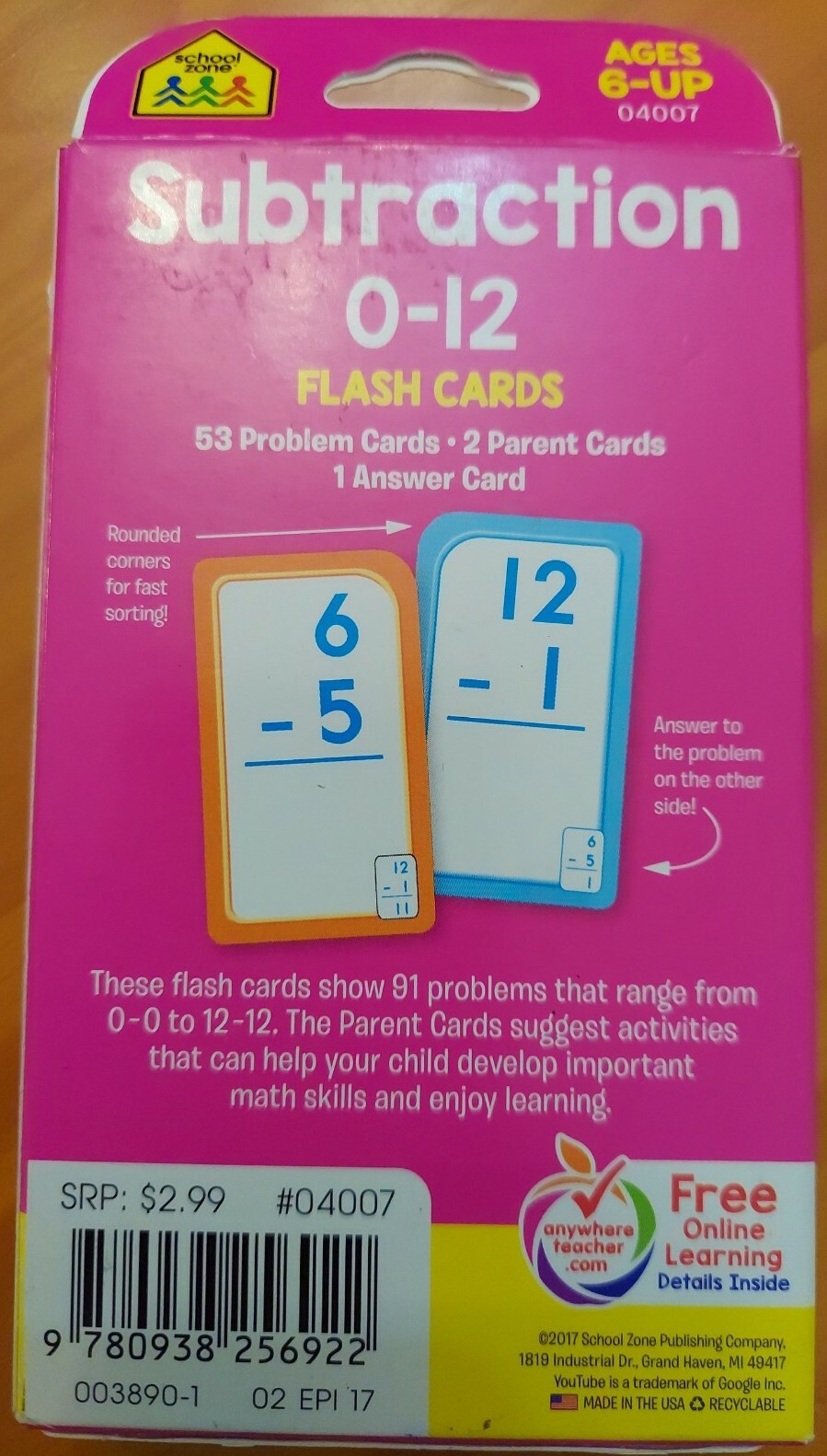 School Zone 0-12 Flash Cards 1st Grade 2nd Grade Subtraction Problems