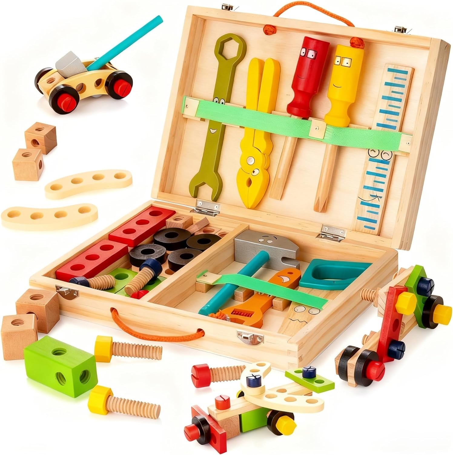 Wooden Toddler Tools Set Includes Tool Box Montessori Educational Stem Construct