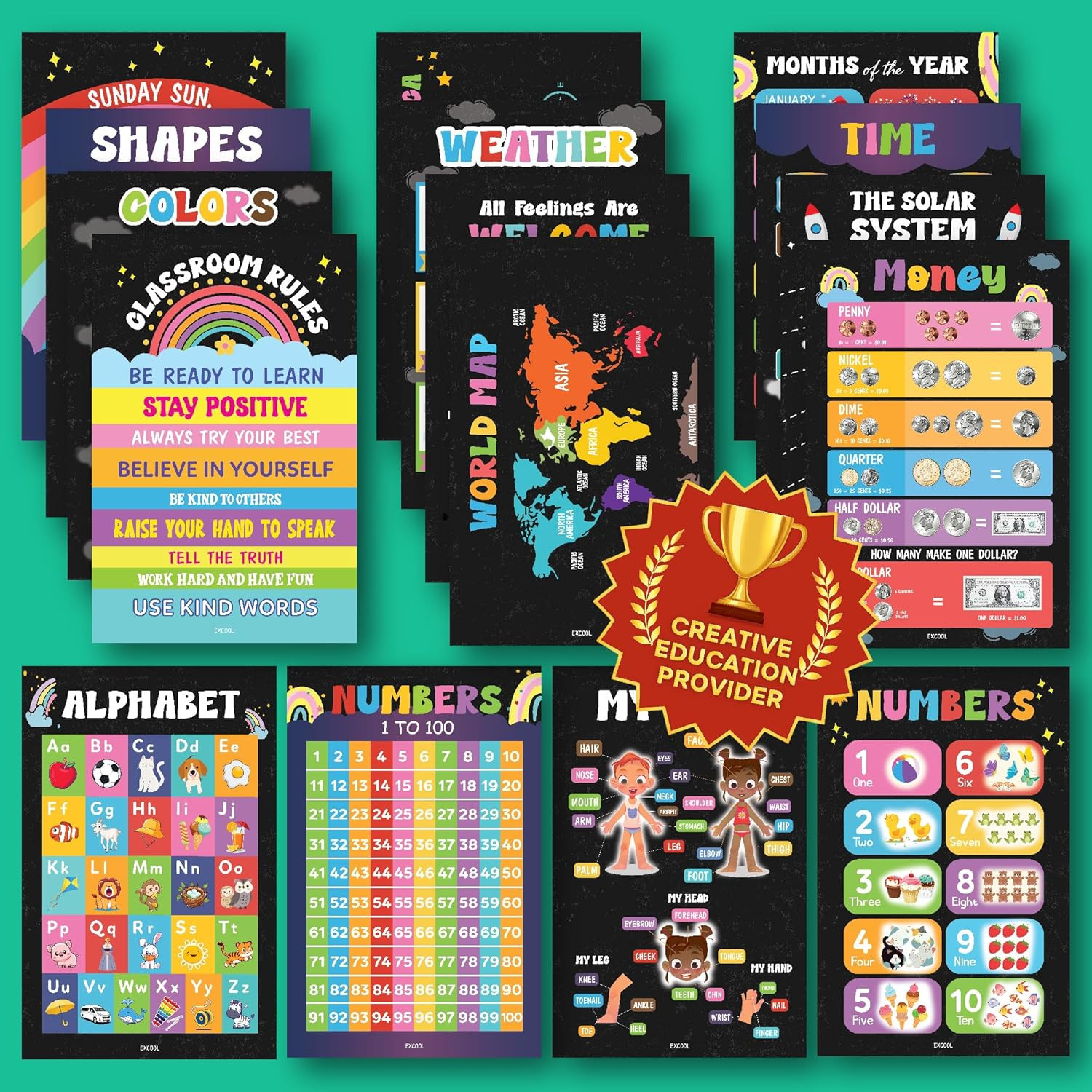 16 Chalkboard Educational Posters for Toddlers 1-3, Toddler Learning Posters for