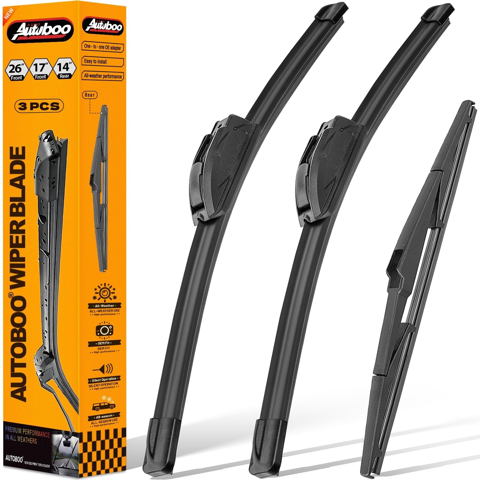 AUTOBOO 26″+17″ Windshield Wipers with 14″ Rear Wiper Blade Sets Replacement …