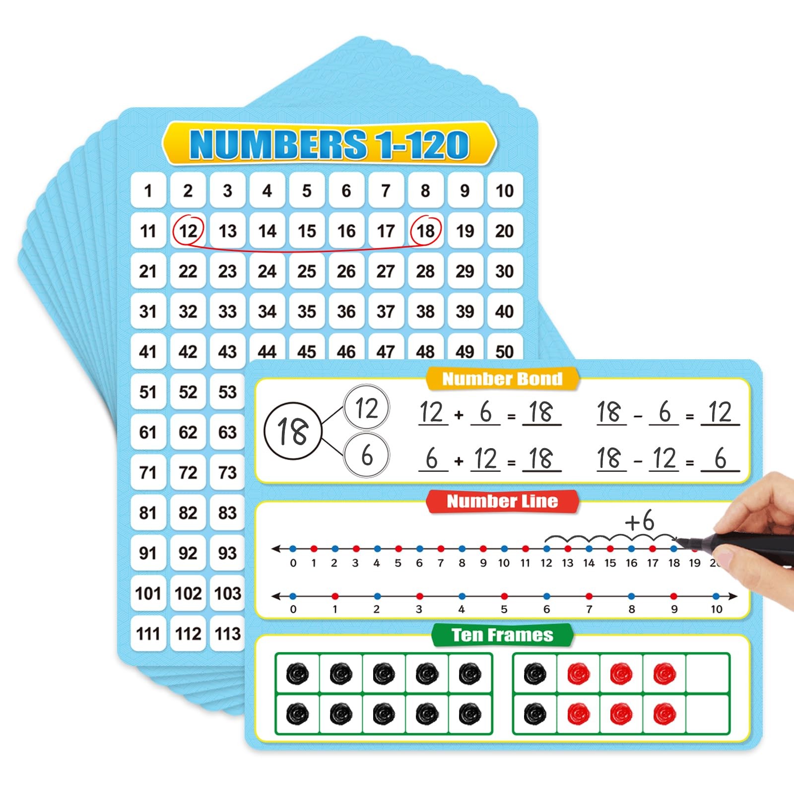 12 Pack Numbers 1-120 Chart Dry Erase Flash Card,12″ x 9″ Number Line Ten Fra…