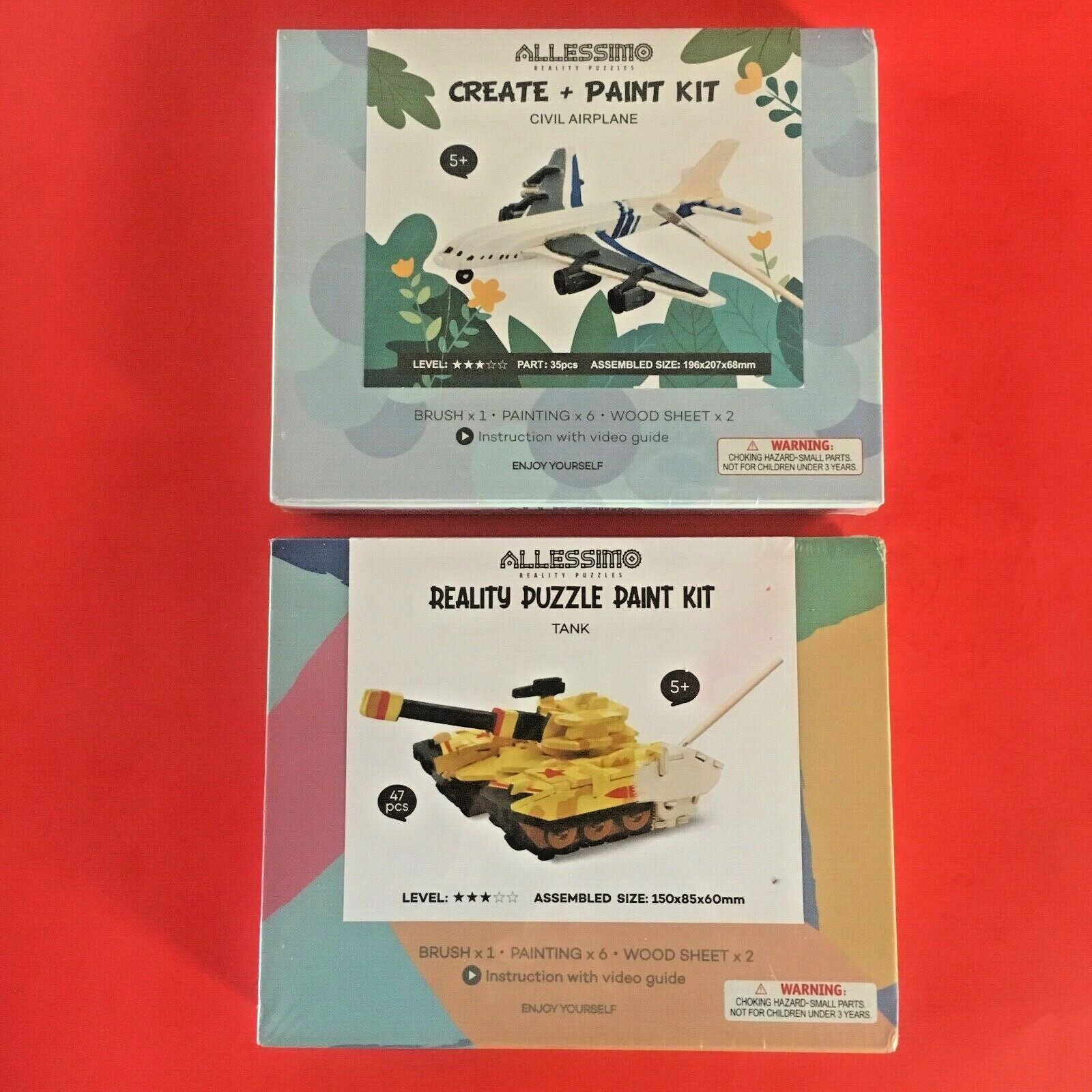 (2) creative ALLESSIMO wood REALITY PUZZLE PAINT KITS – TANK and AIRPLANE – NEW