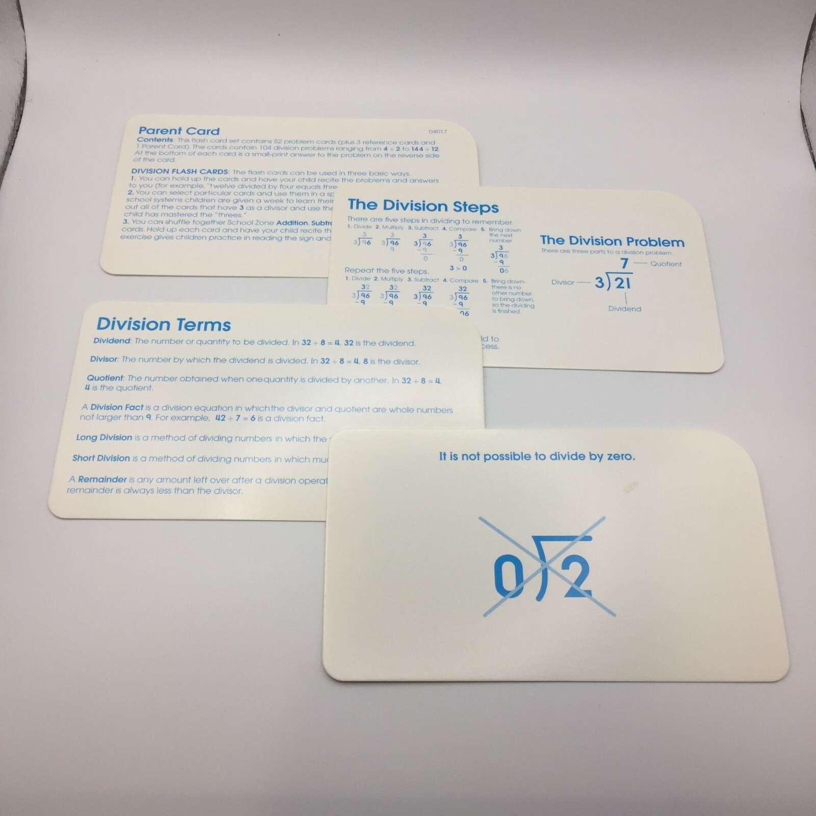 2 Packs Flash Cards School Zone Division 0-12 Fun Logic Alphabet Photo Counting