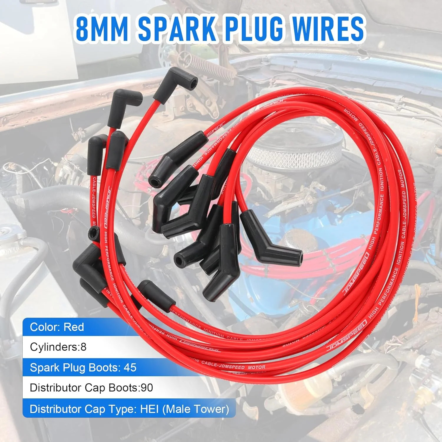 JDMSPEED New HEI Red Spiral Core Spark Plug Wires 45 Degree End 396-427-454-502