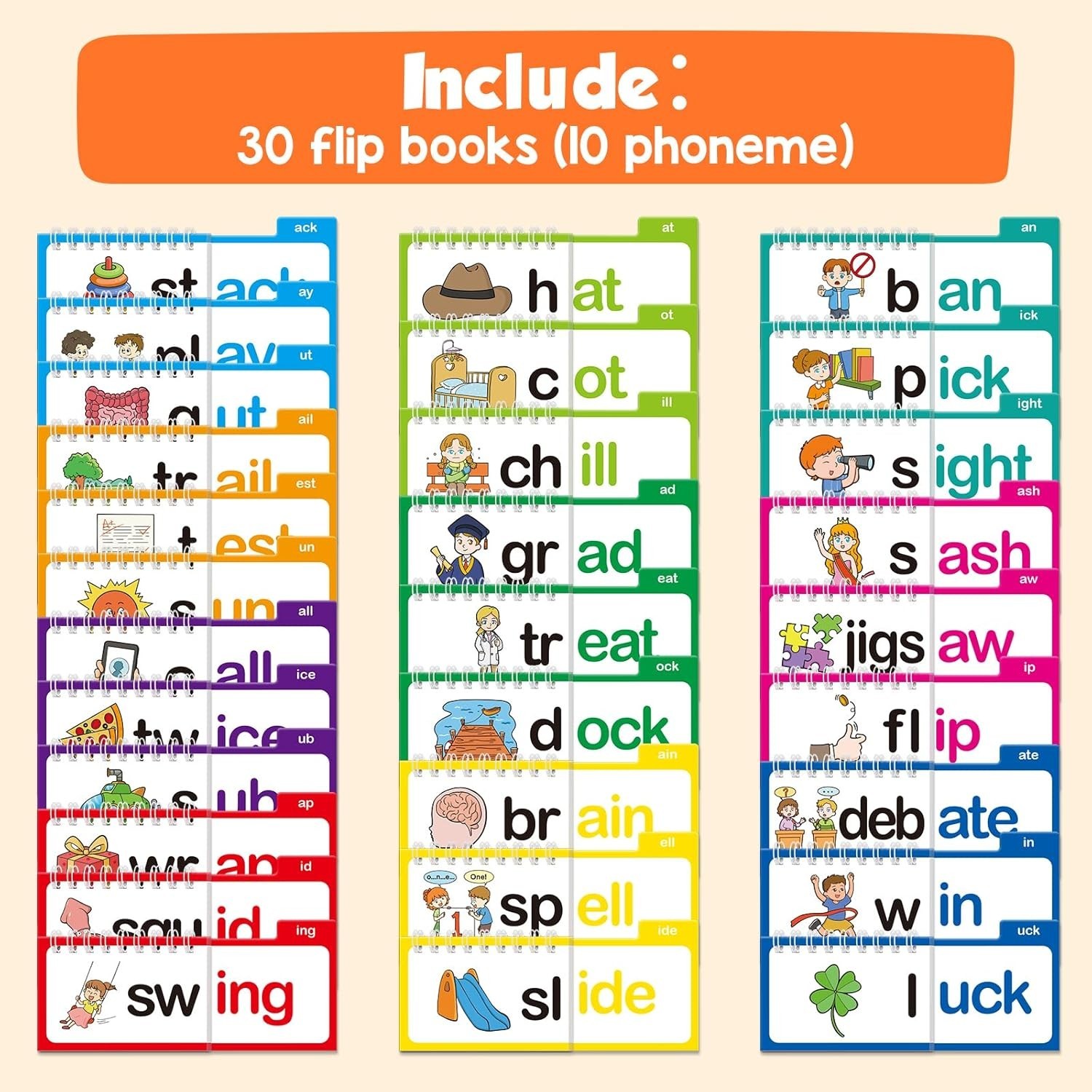 Phonics Flash Cards Word Family Build Book,Learn to Read 30 Read and Rhyme Fl…