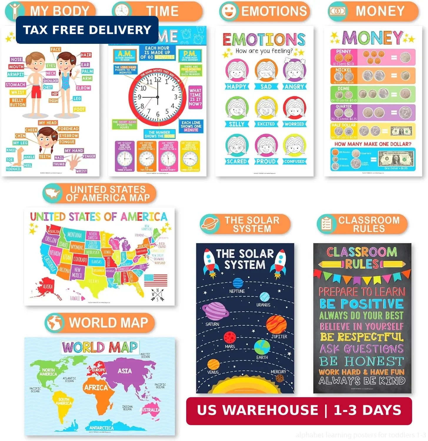Hadley Designs 16 Educational Posters for Classroom Must Haves – Laminated Pre-K