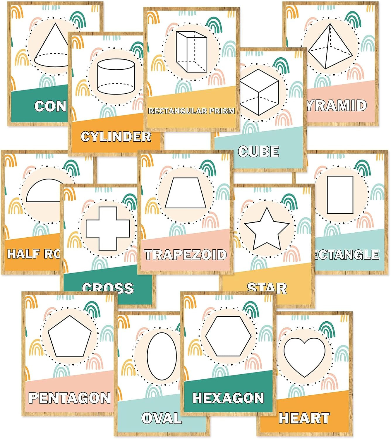 14Pcs Boho Rainbow Basic Shapes Early Learning Posters 2D and 3D Classroom Shape