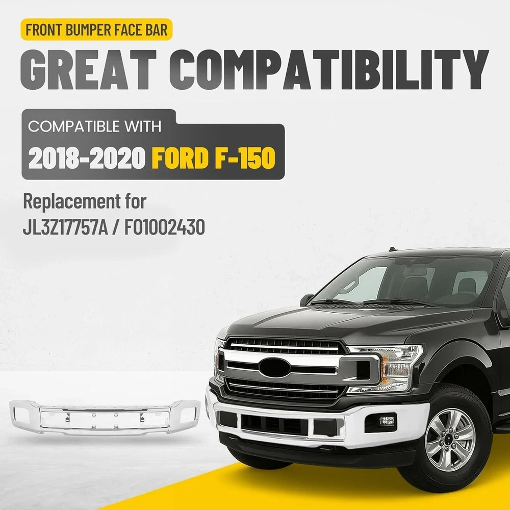 18-20 Ford F150 Front Bumper Face Bar w/ Fog Light Hole Impact Bar Chrome